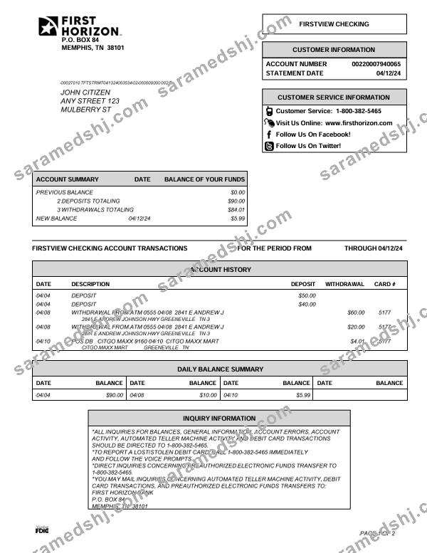 USA Tennessee First Horizon bank statement